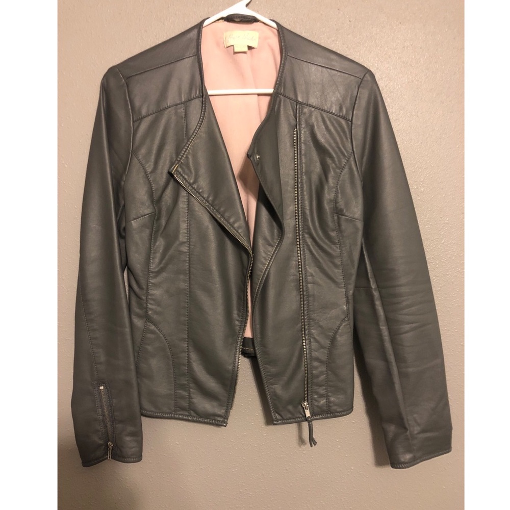 Small Grey Faux Leather Jacket with Zipper